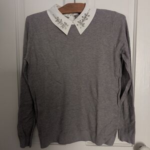 Vita Milano Gray Sweater with Embellished Collar
